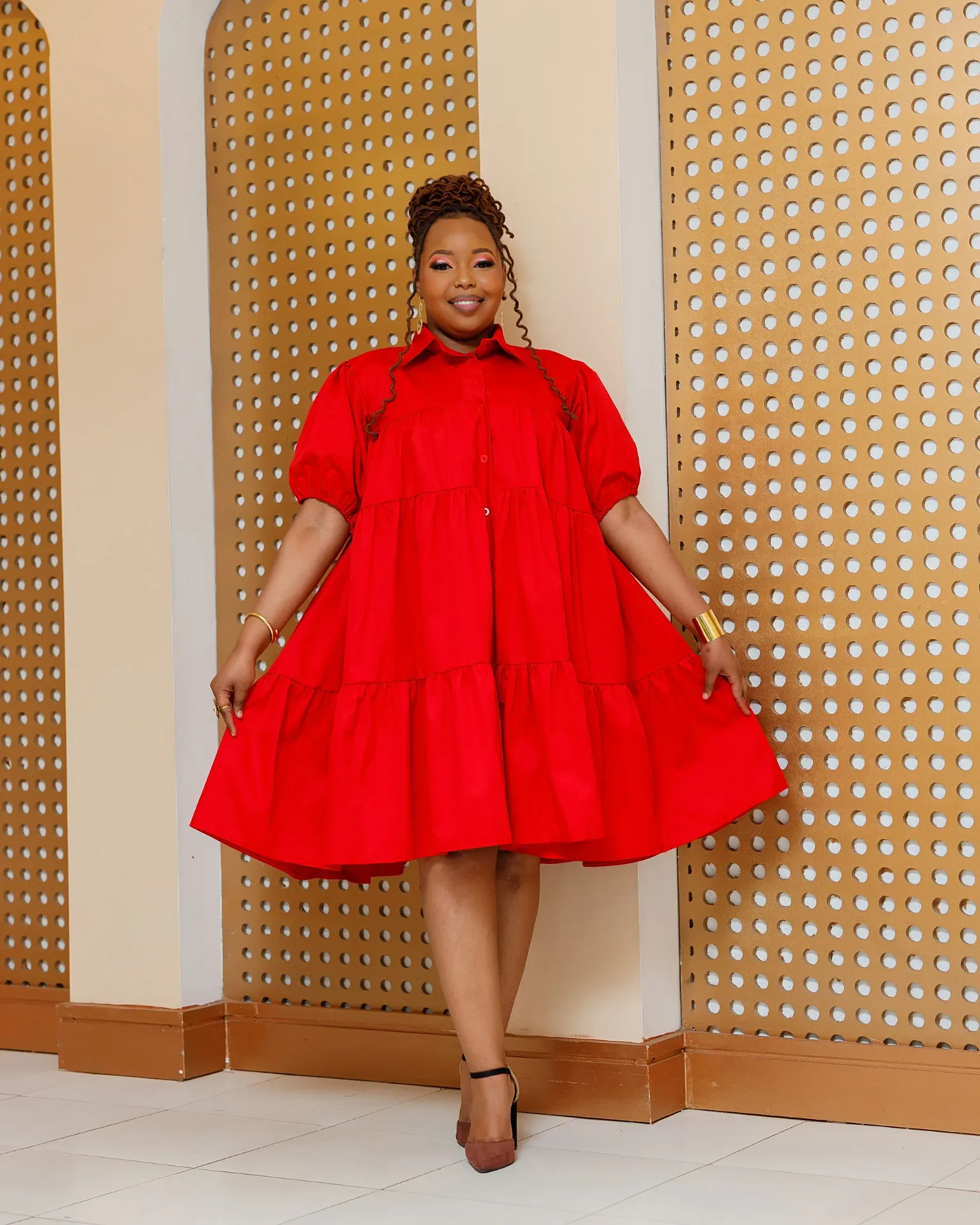 Banda Cotton Shirt Knee Dress - Red