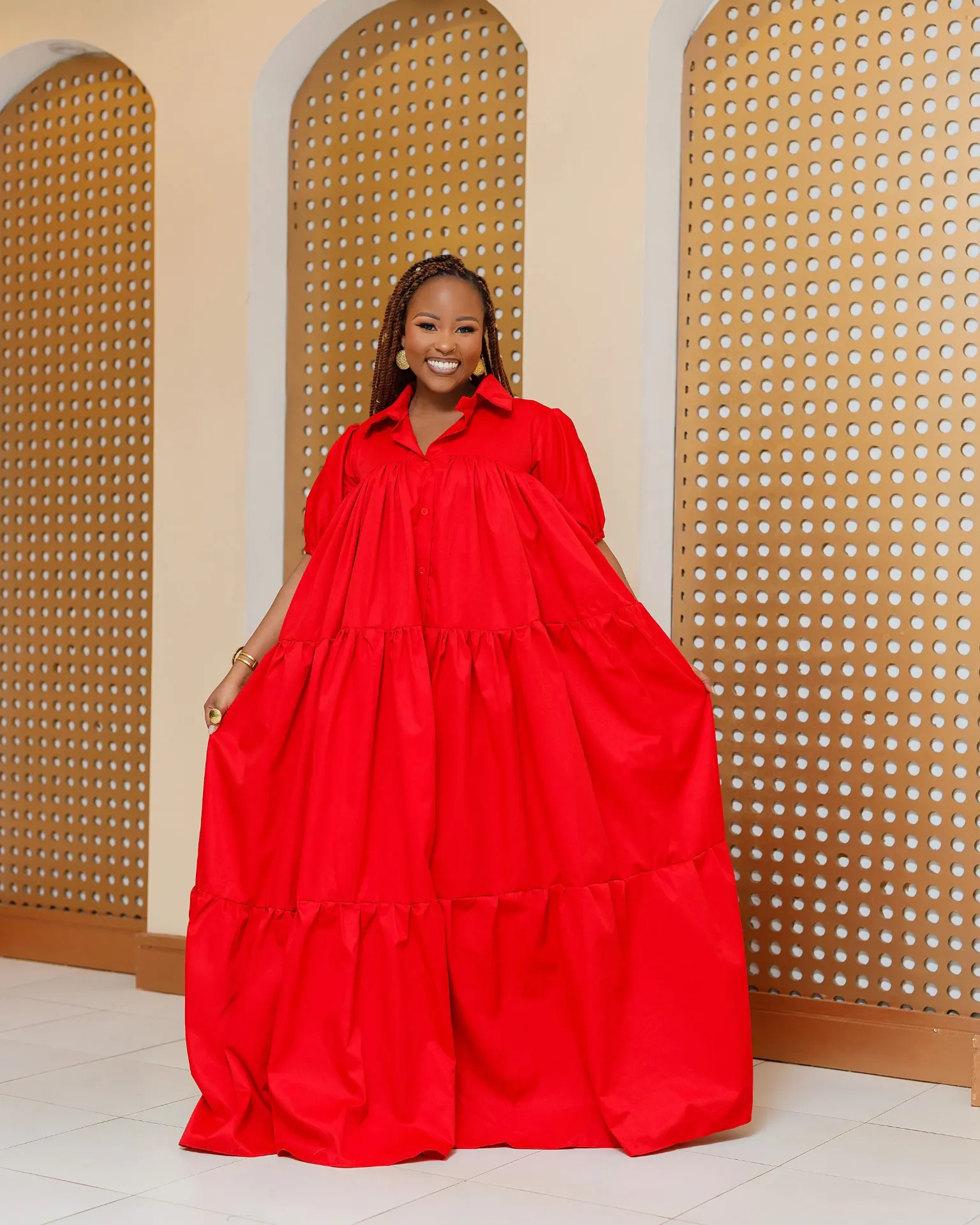 [RED] Banda Cotton Shirt Maxi Dress - Red (2XS)