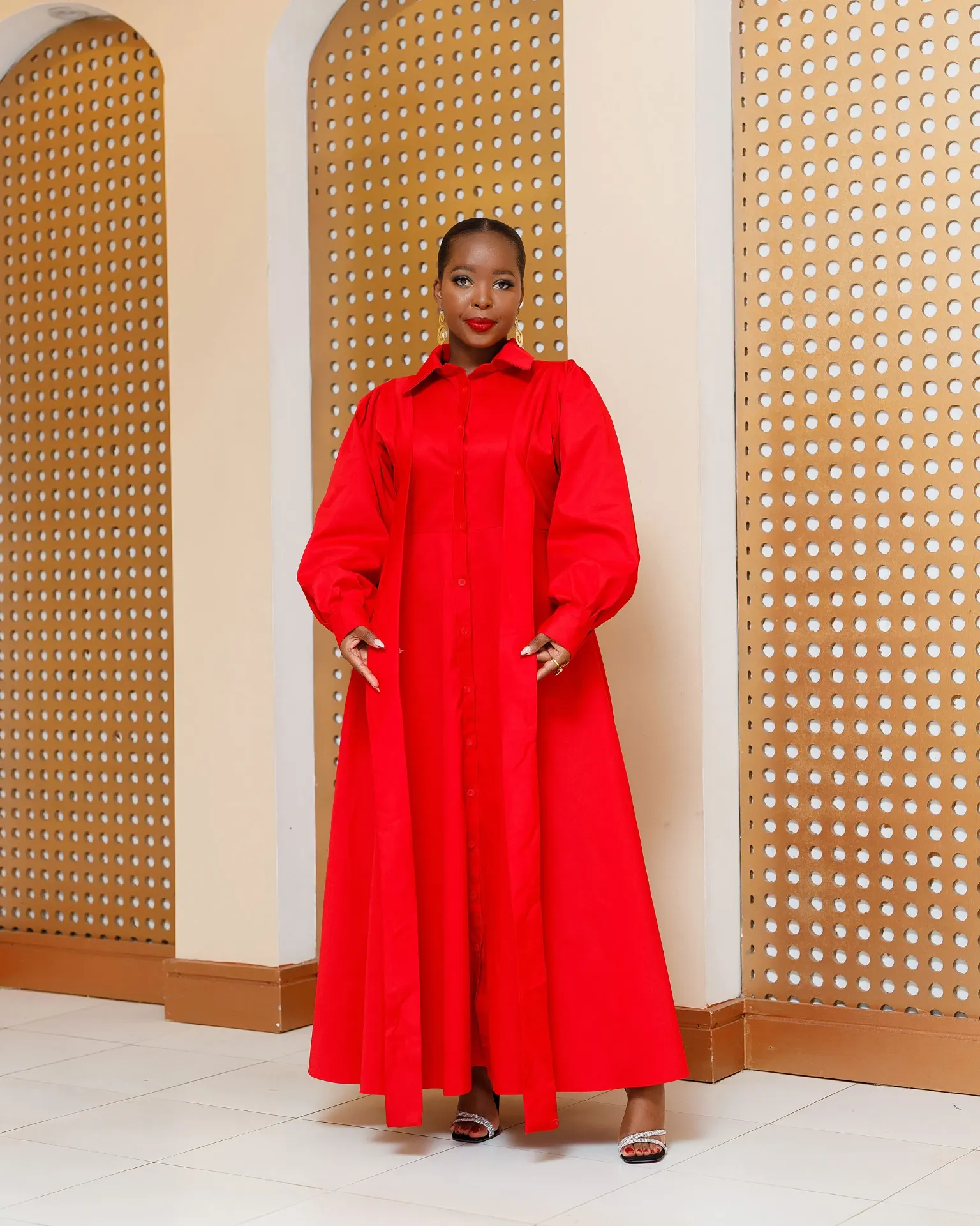 Barani Cotton Shirt Maxi Dress - Red