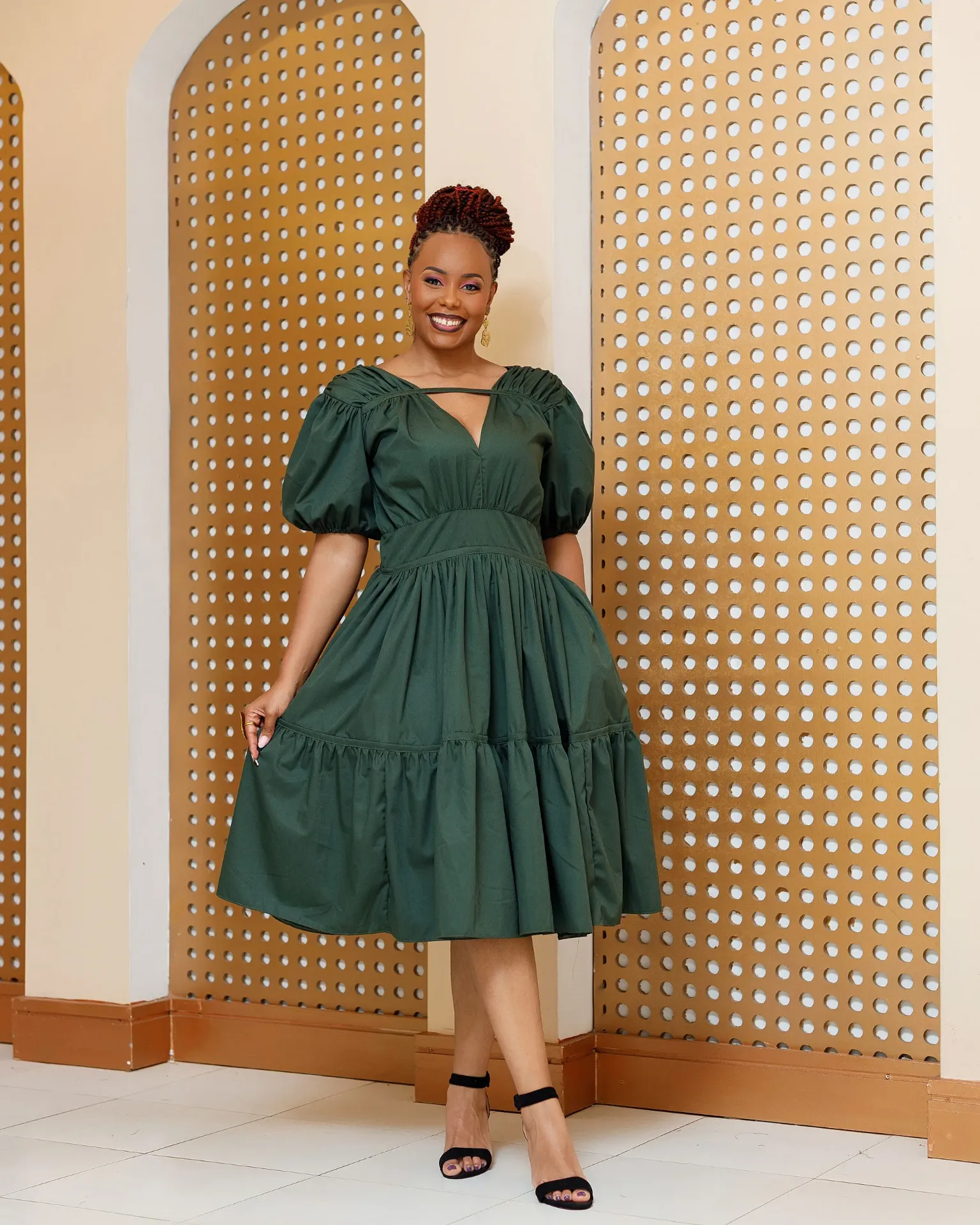 [JUNGLE GREEN] Barua Cotton Knee Dress - Jungle Green (2XS)