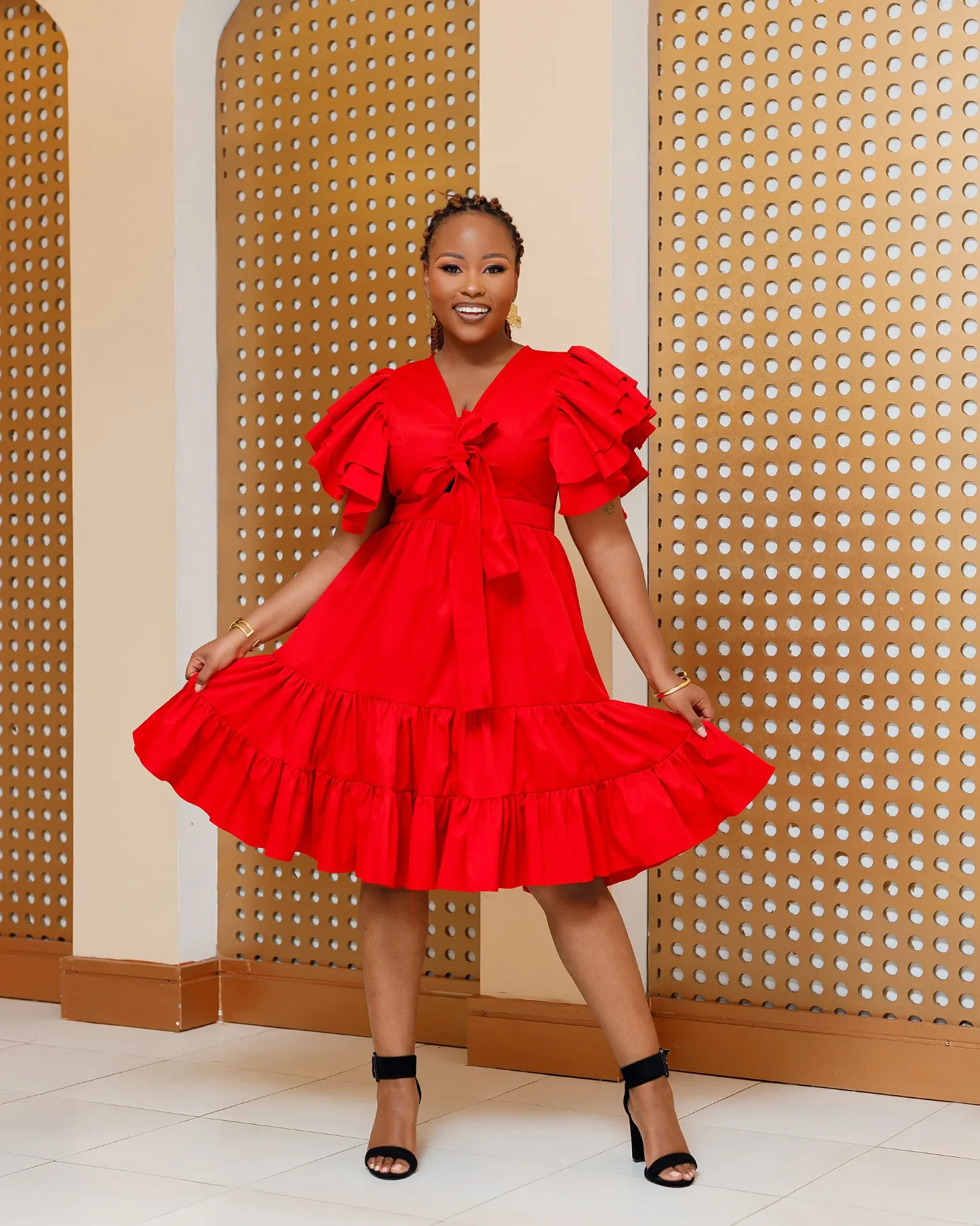 [RED] Bata Cotton Knee Dress - Red (2XS)