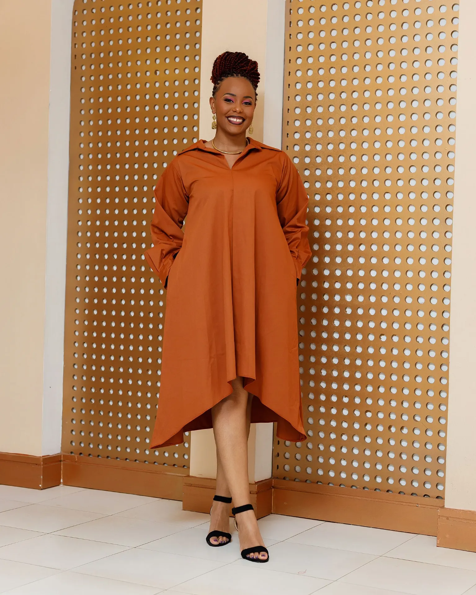 [FIRE BROWN] Bazo Cotton Knee Dress - Fire Brown (2XS)