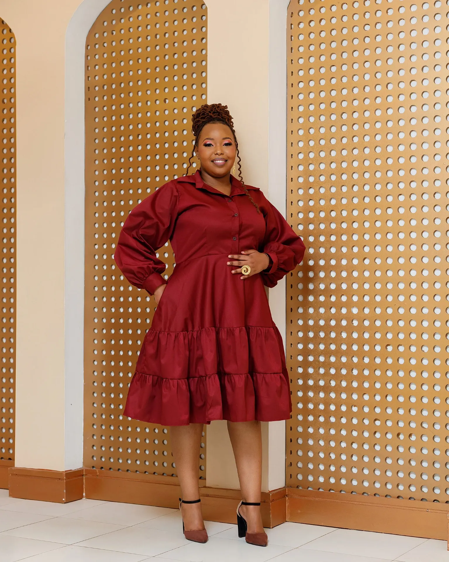 [BURGUNDY] Buyende Cotton Knee Dress - Burgundy (2XS)