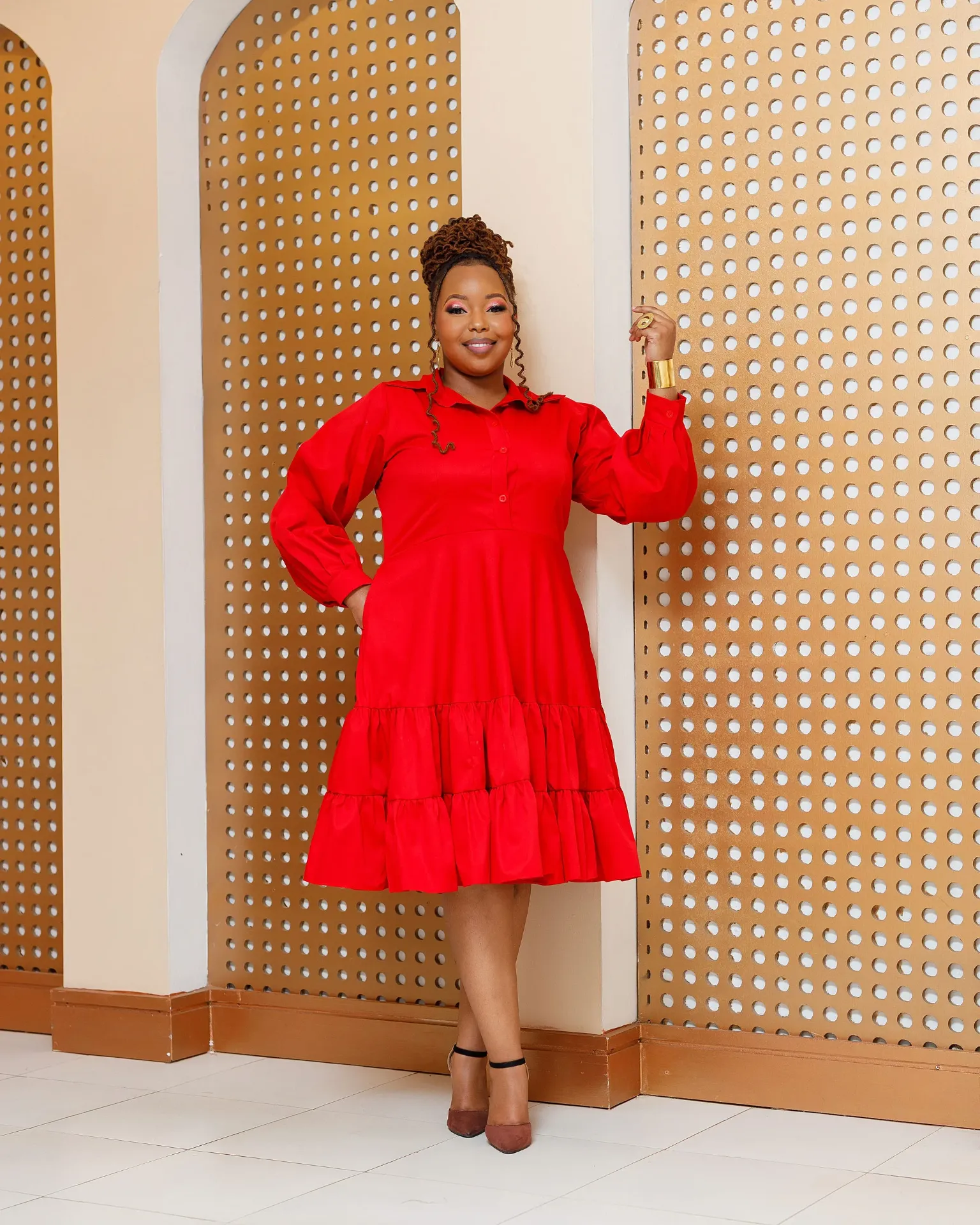[RED] Buyende Cotton Knee Dress - Red (2XS)