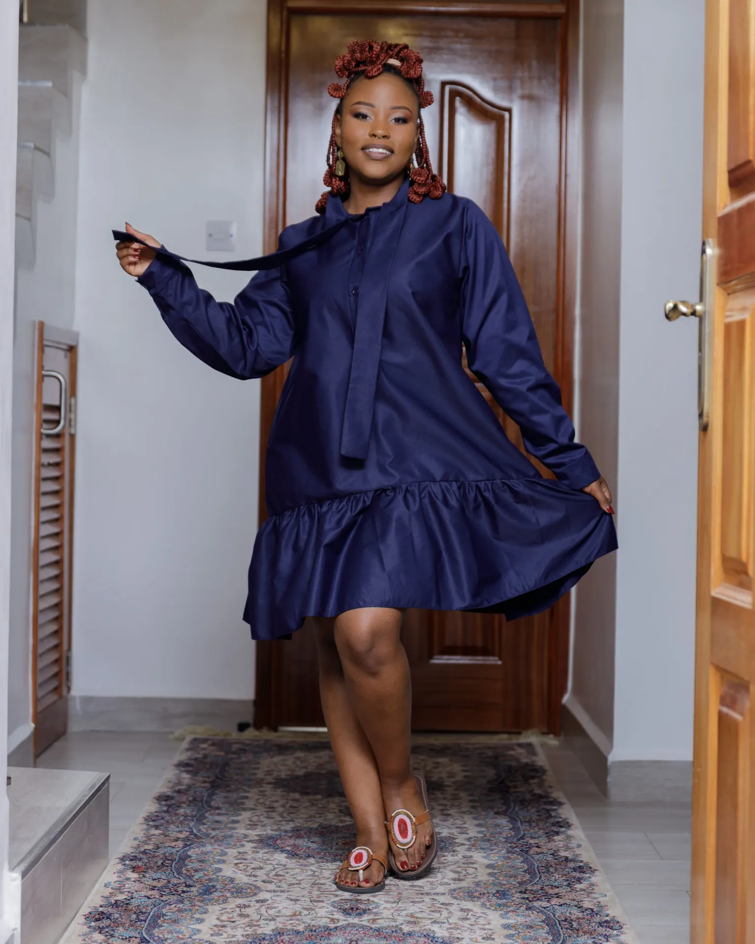 [Navy Blue] Kamuuani Cotton Knee Dress - Navy Blue (2XS)