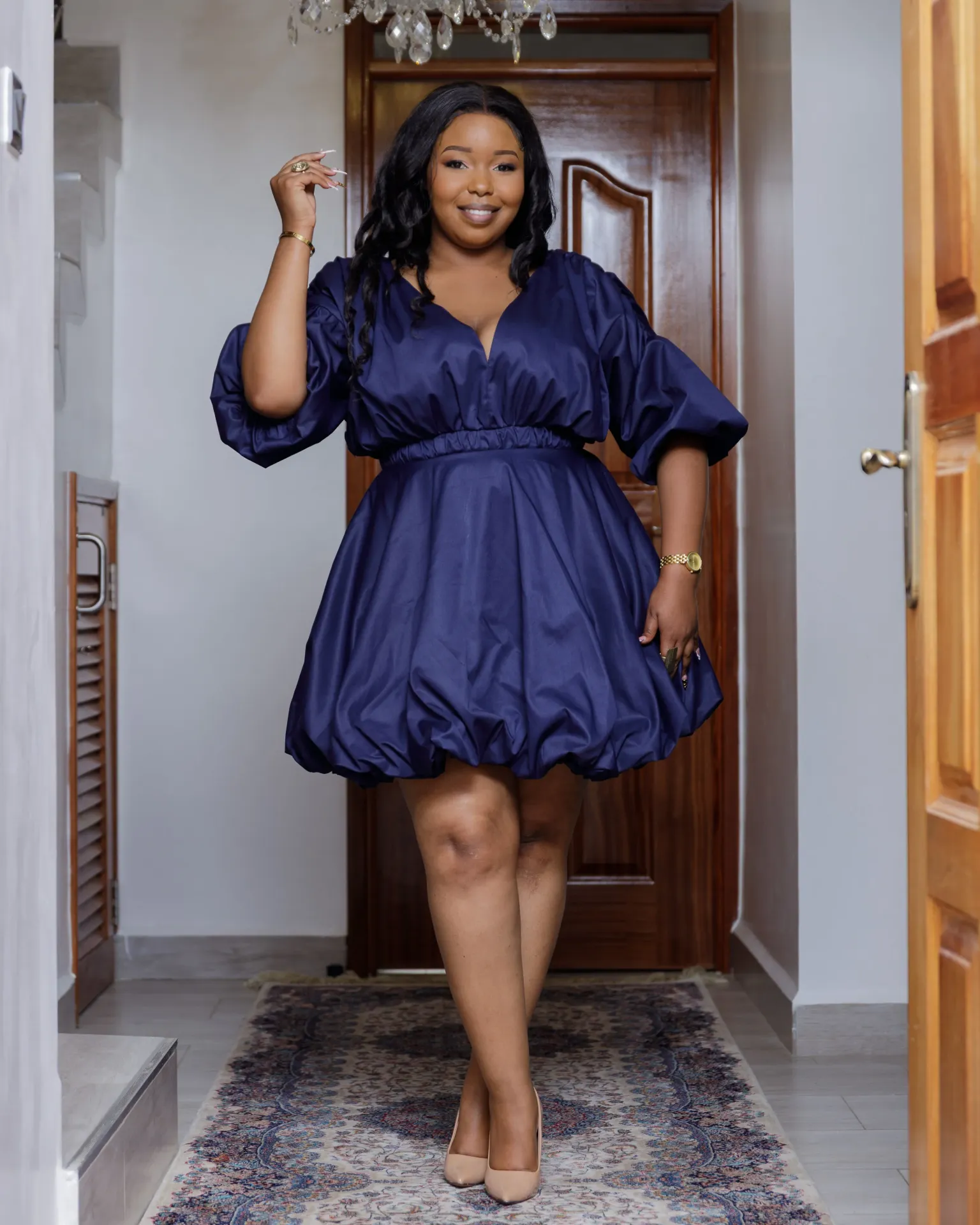 Kalamba Cotton Knee Dress - Navy Blue