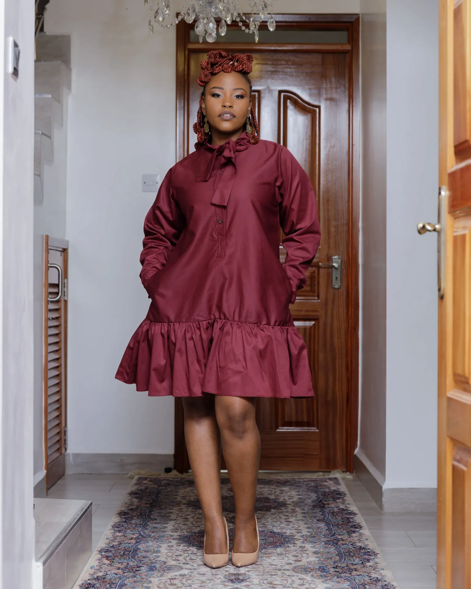 [Burgundy] Kamuuani Cotton Knee Dress - Burgundy (2XS)