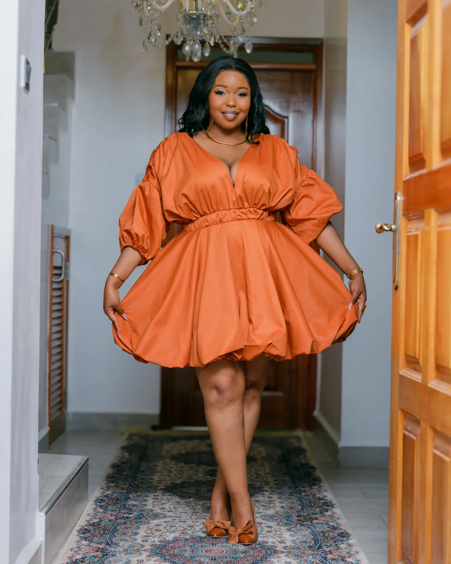 Kalamba Cotton Knee Dress - Fire Brown