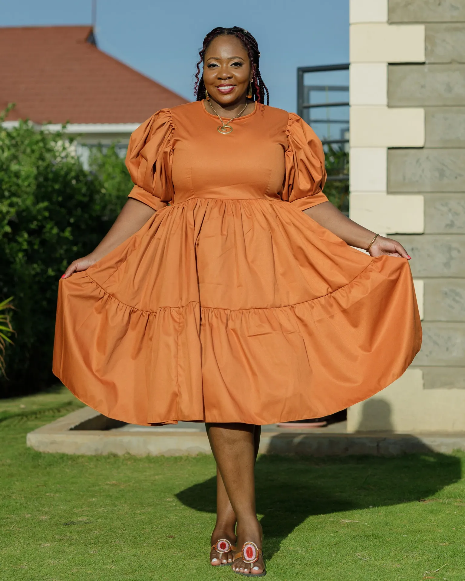Kaseve Cotton Knee Dress - Fire Brown
