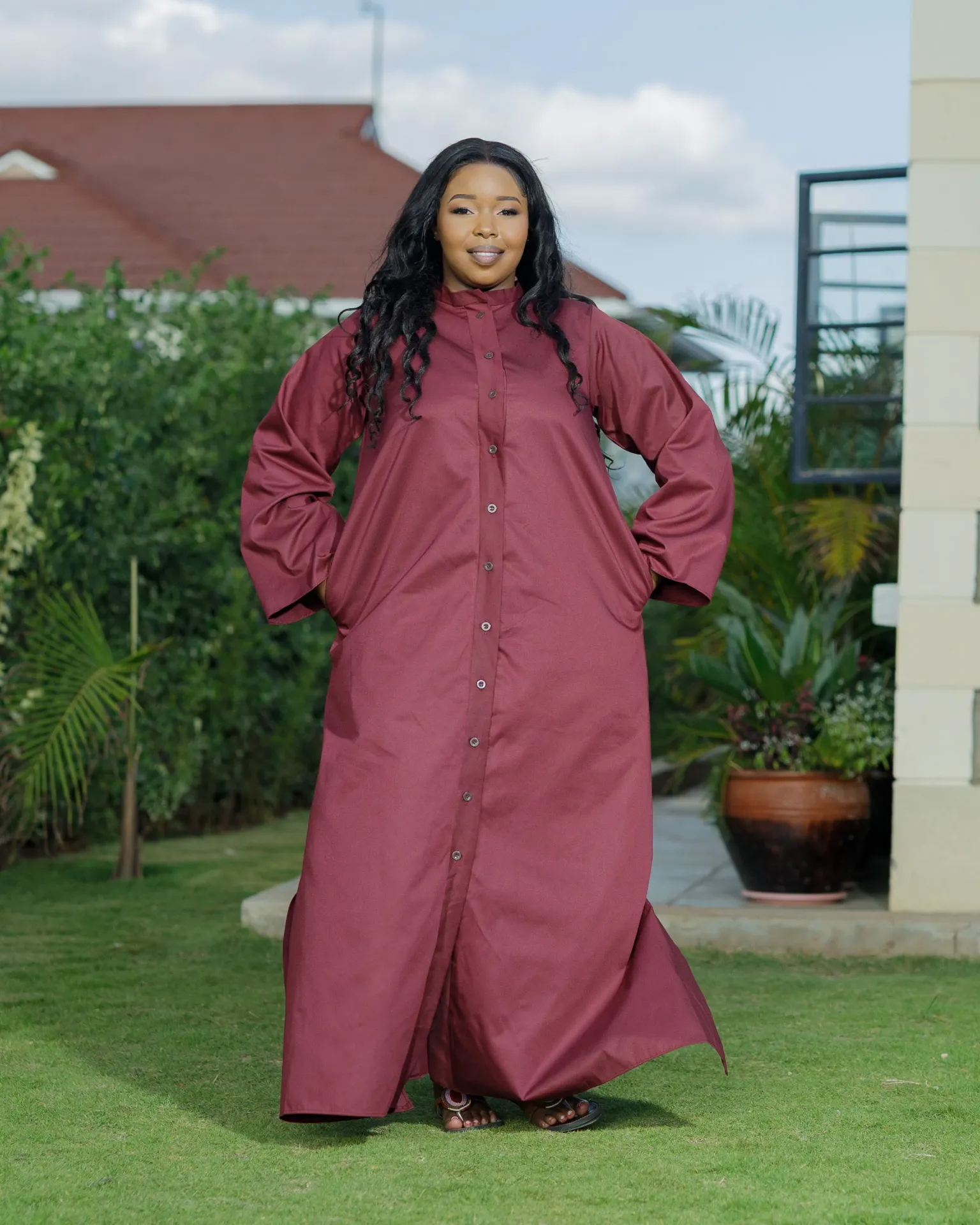 [Burgundy] Katheuni Cotton Shirt Dress - Burgundy (2XS)