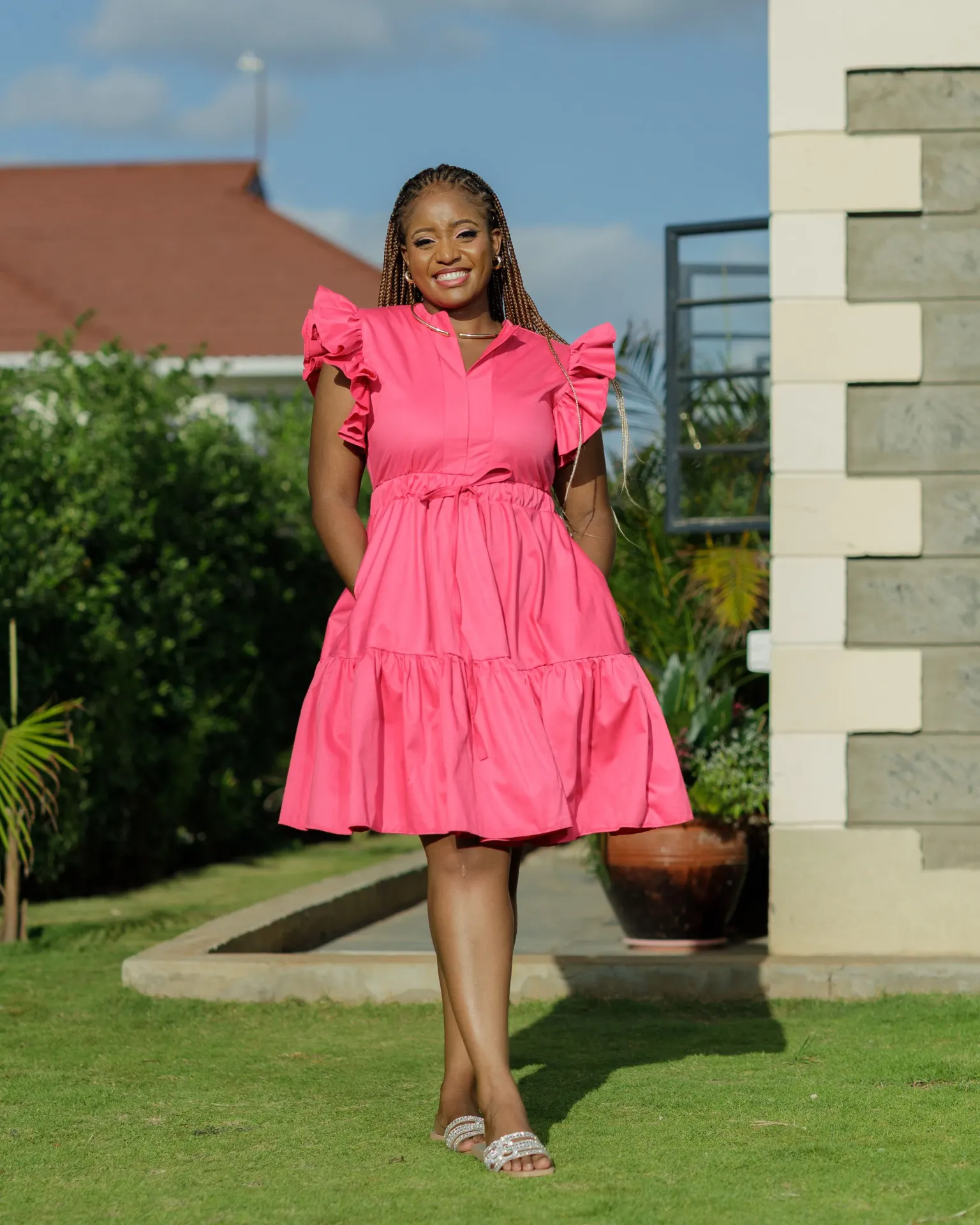 Kaiti Cotton Knee Dress - Hot Pink