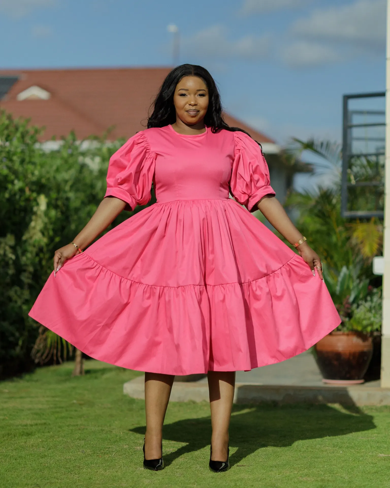 Kaseve Cotton Knee Dress - Hot Pink