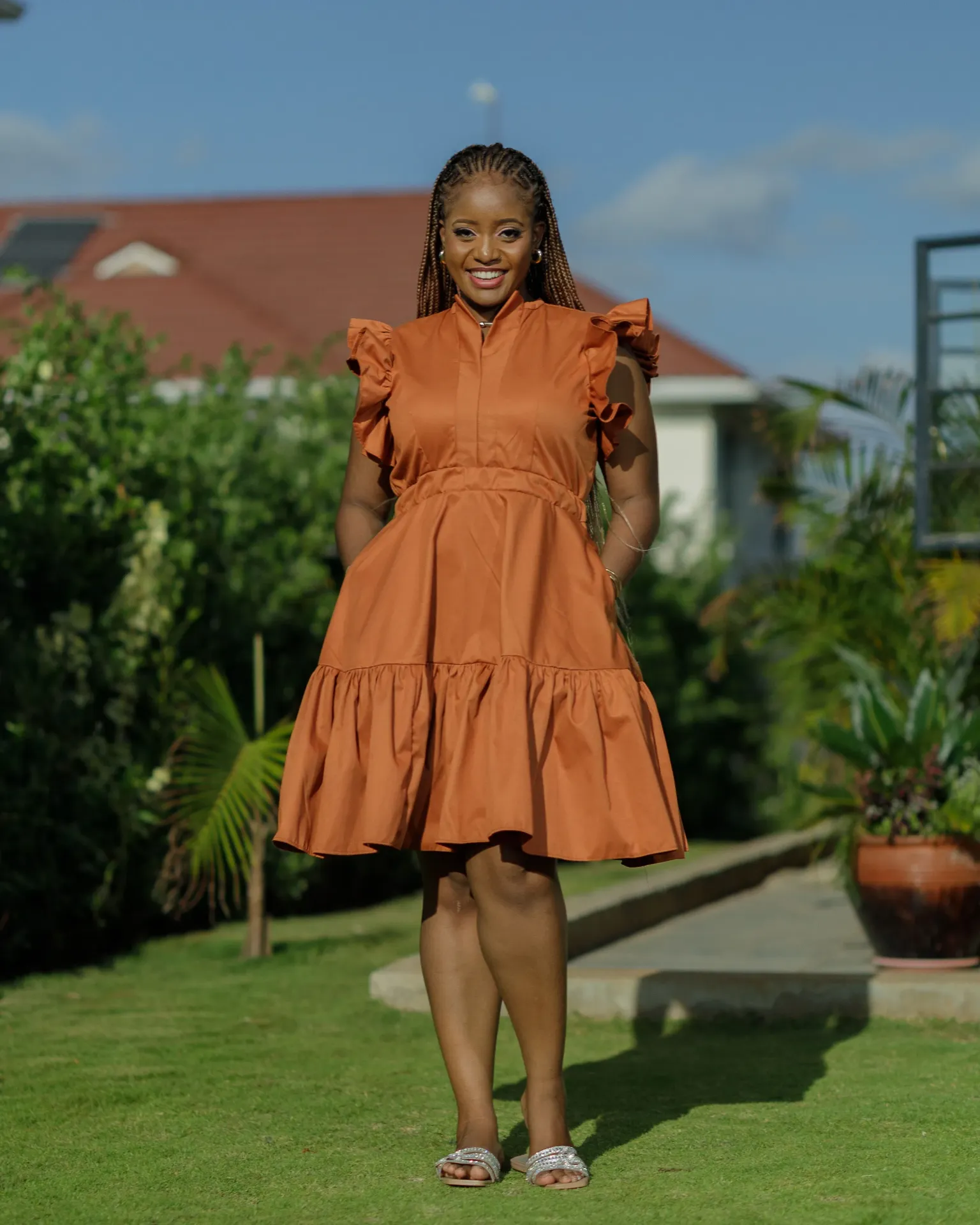 [Fire Brown] Kaiti Cotton Knee Dress - Fire Brown (2XS)