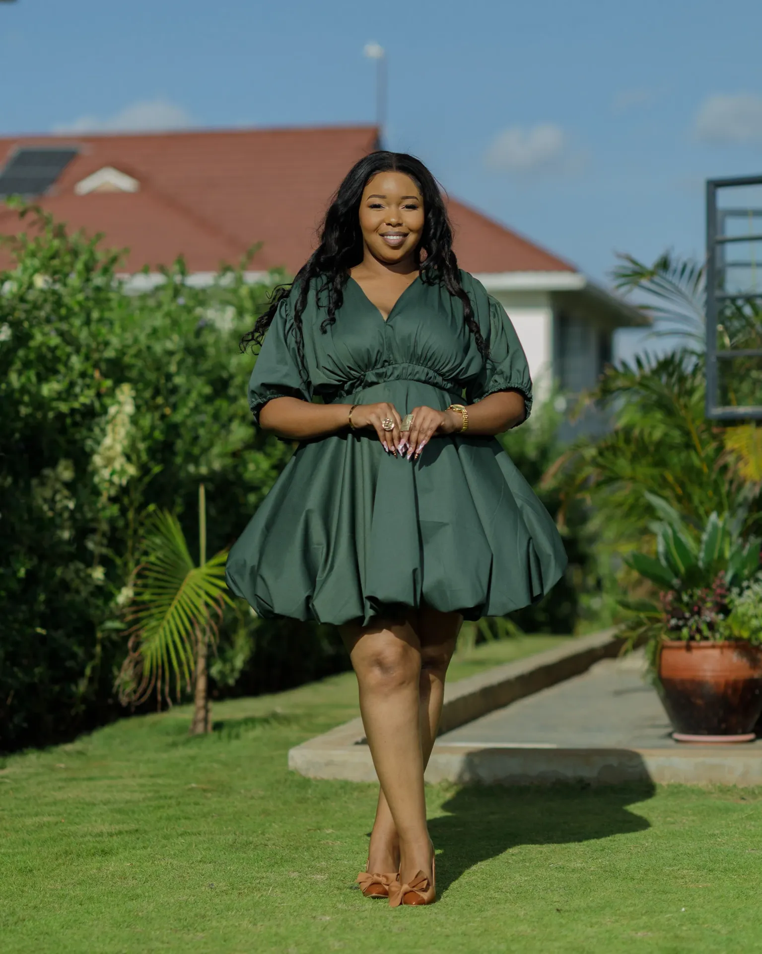 Kalamba Cotton Knee Dress - Jungle Green