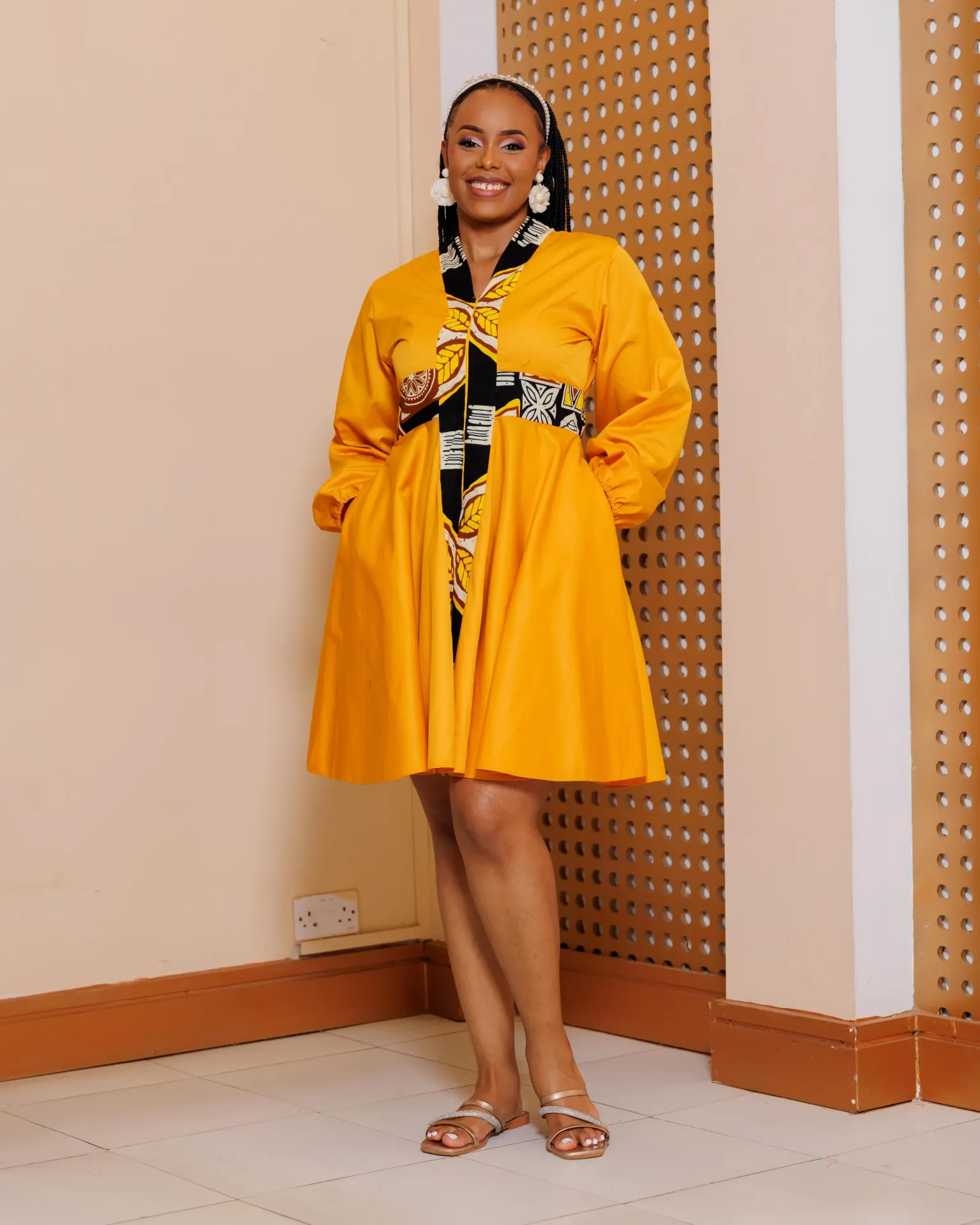 [MUSTARD YELLOW] Arosen Ankara Knee Dress with Front Zip - Mustard Yellow (2XS)