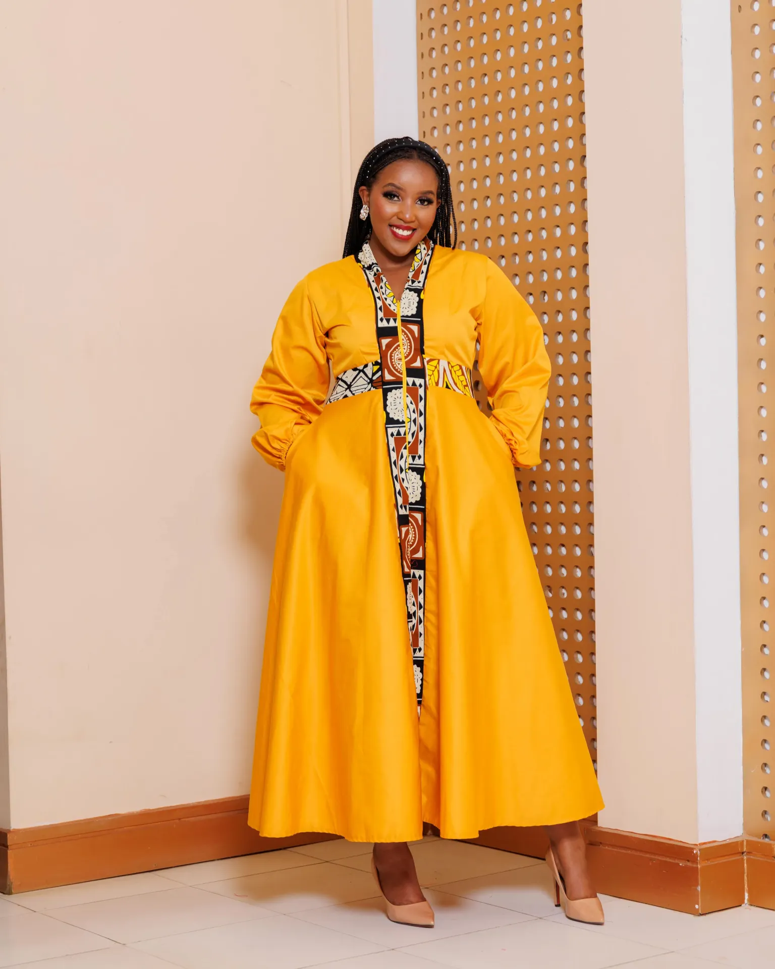[MUSTARD YELLOW] Arosen Ankara Maxi Dress with Front Zip - Mustard Yellow (2XS)