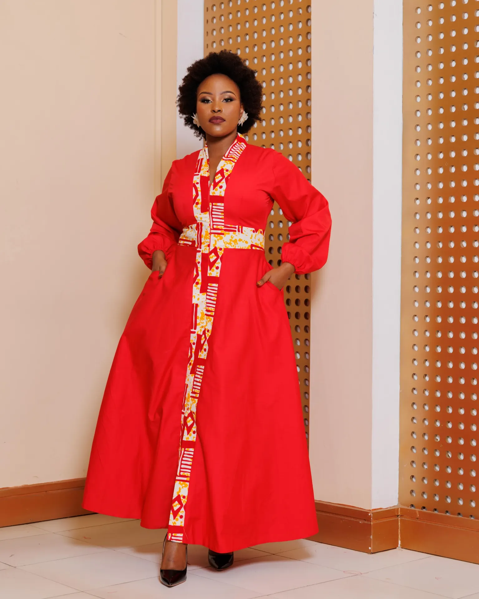 Arosen Ankara Maxi Dress with Front Zip - Red