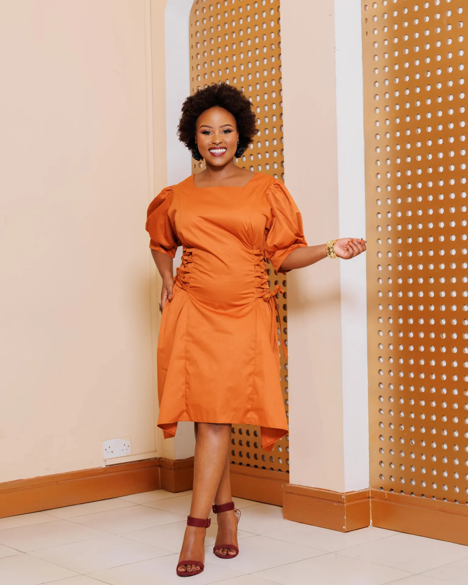 Kako Cotton Knee Length Dress - Fire Brown