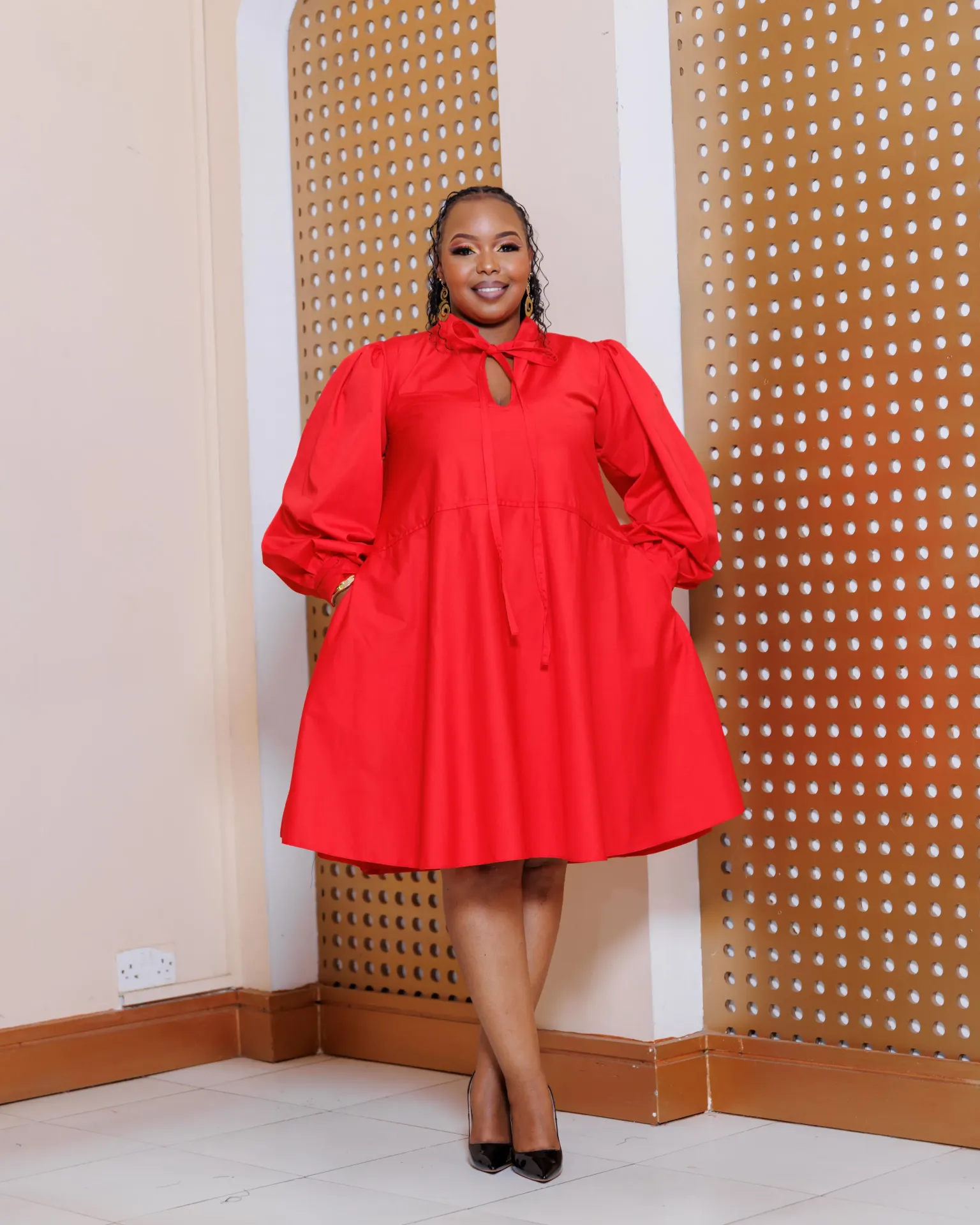 Kaongo Shift Dress -Plain  Red