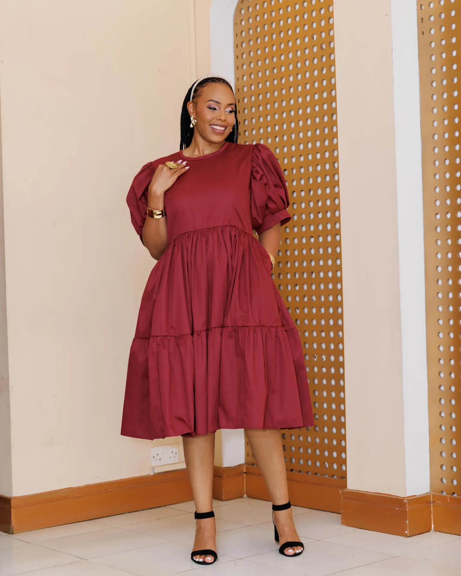 Kaseve Cotton Knee Length Dress - Burgundy