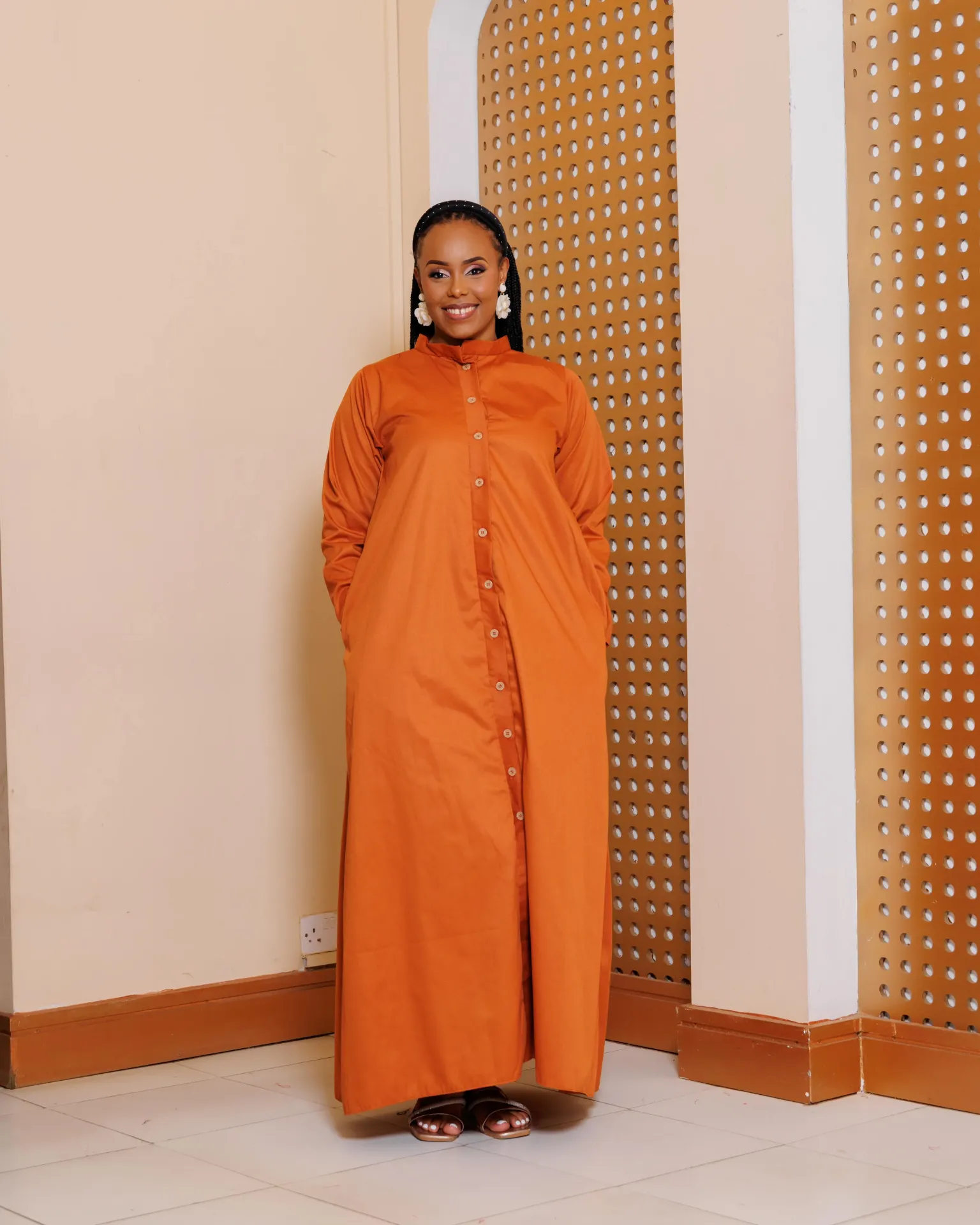 [FIRE BROWN] Katheuni Cotton Shirt Maxi Dress - Fire Brown (2XS)