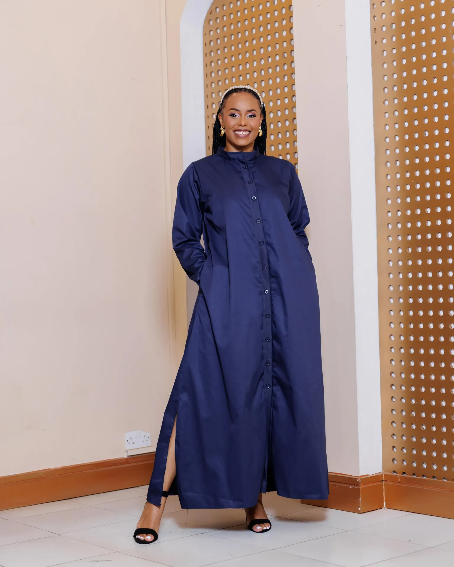 [NAVY BLUE] Katheuni Cotton Shirt Maxi Dress - Navy Blue (2XS)