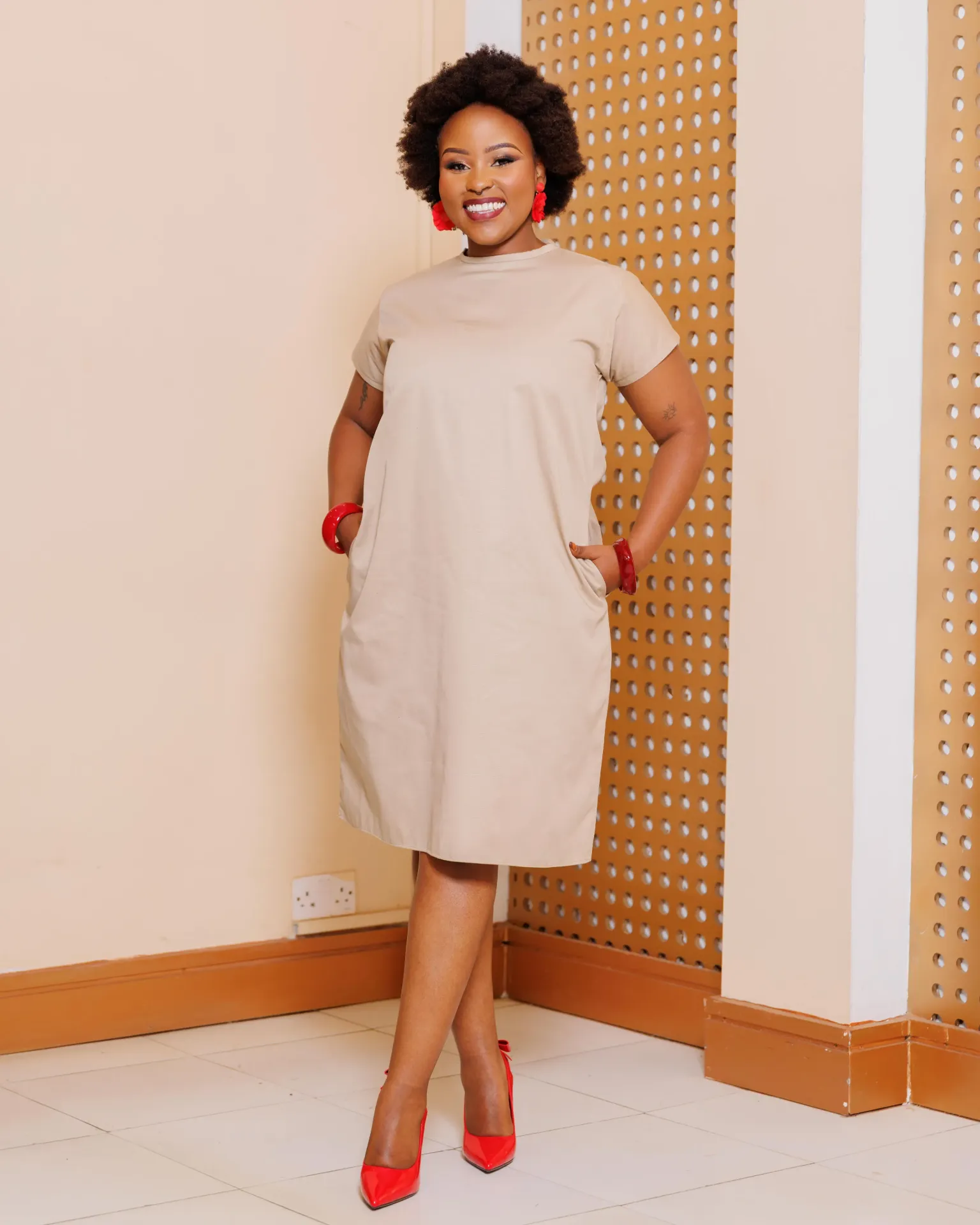 Kitulini Cotton Knee Length Dress - Nude
