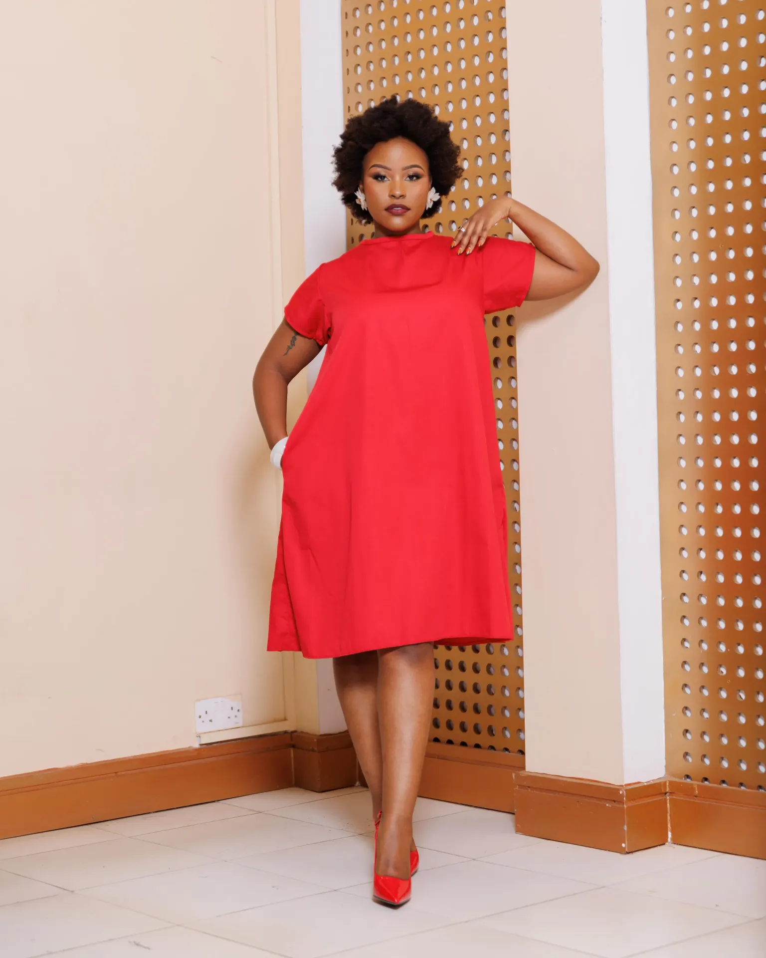Kitulini Cotton Knee Length Dress - Red