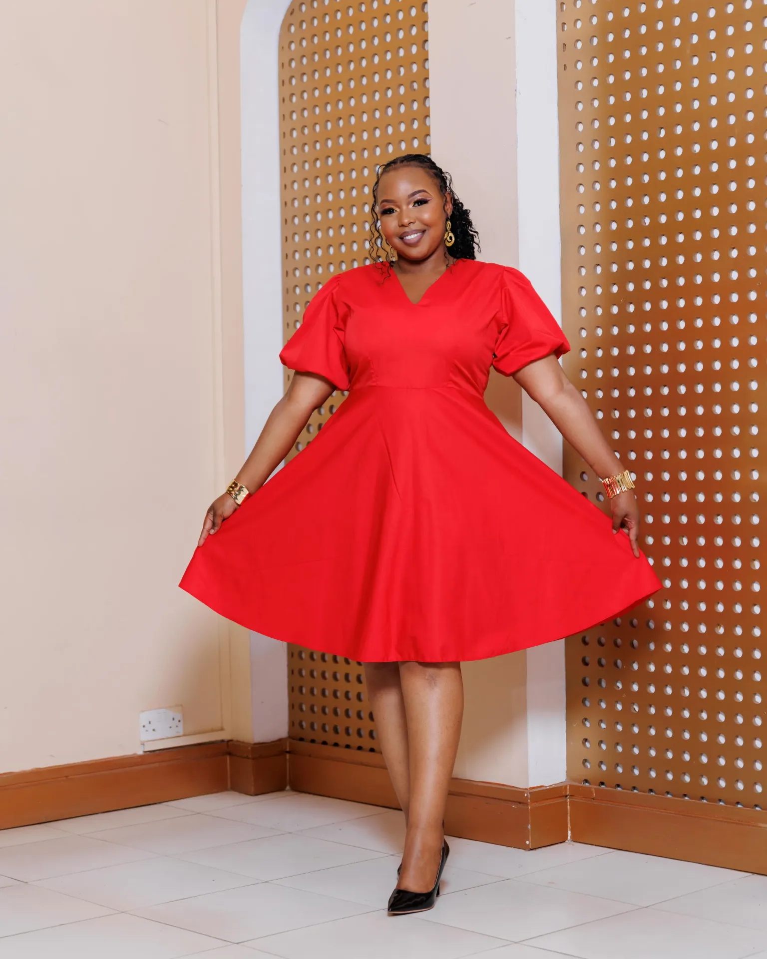 Nkirata Cotton Knee Length Dress - Red