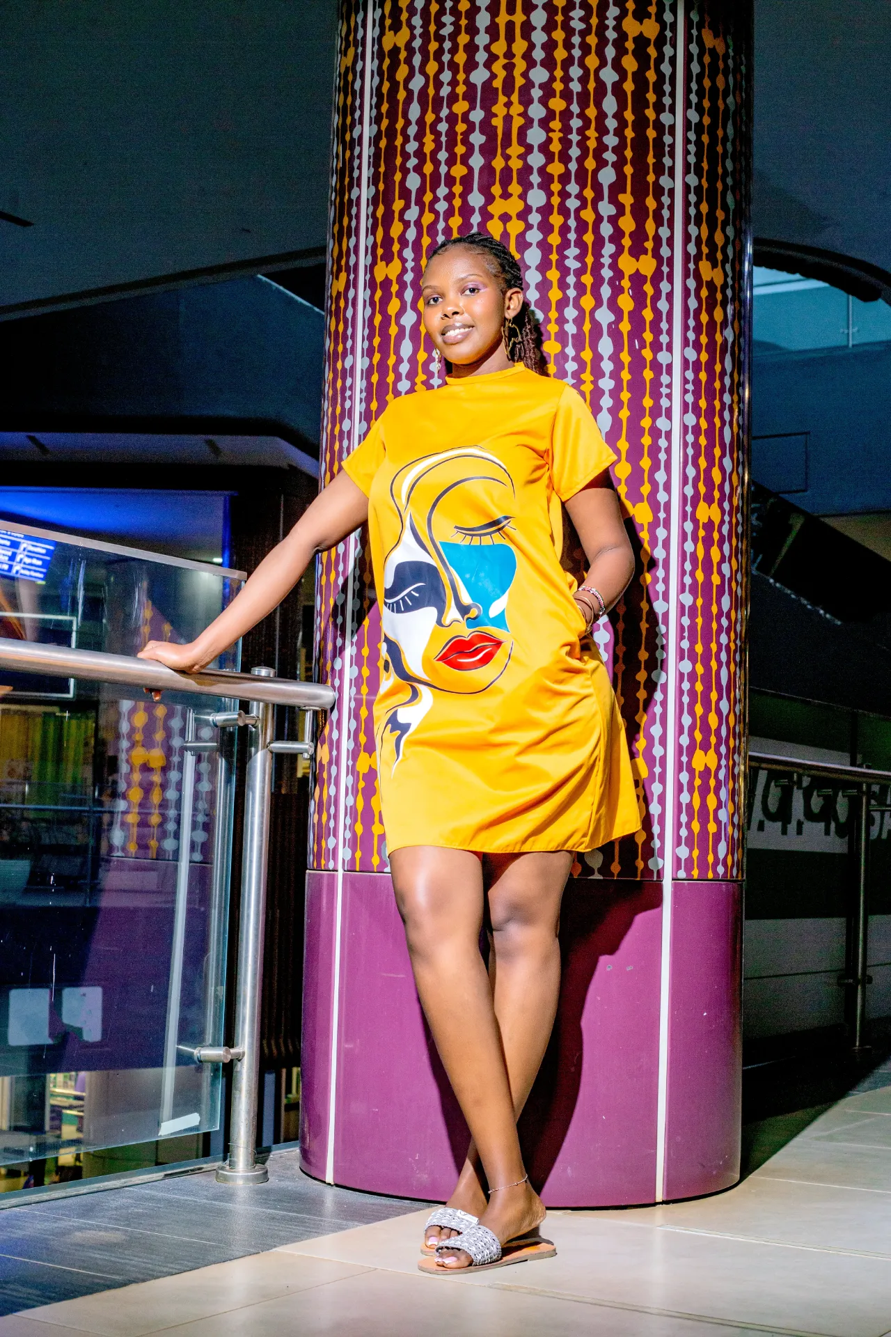 Abstract Cotton Knee Dress - Mustard Yellow