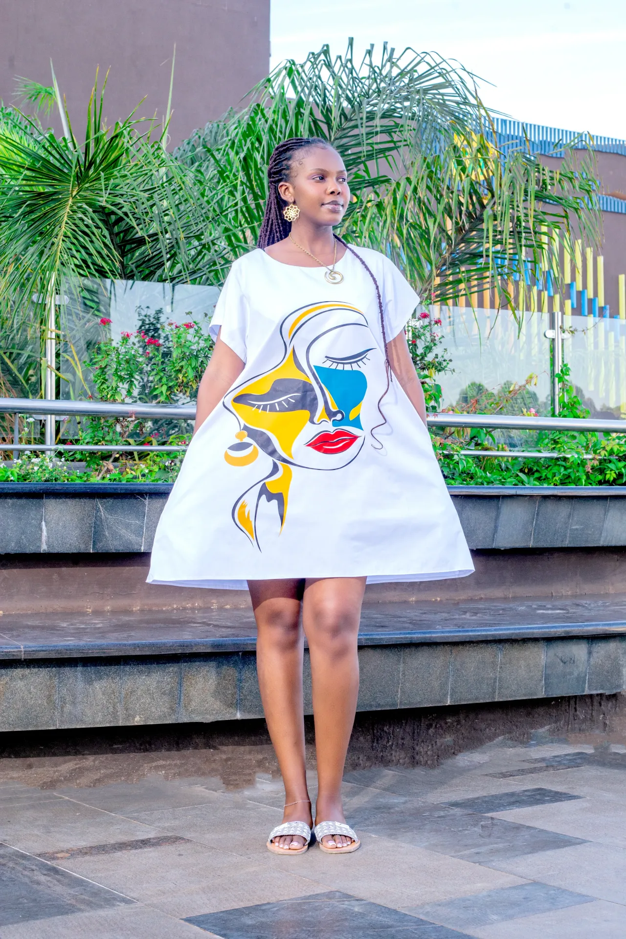 Abstract Cotton Knee Dress - White