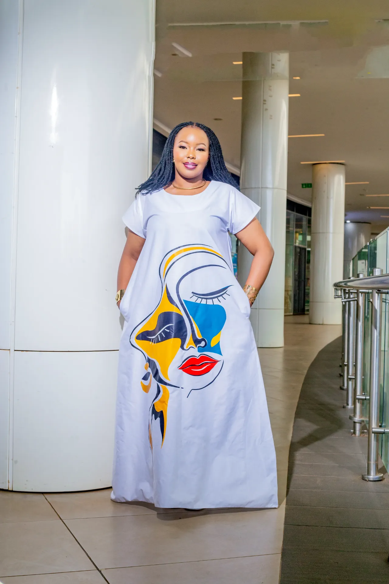 Abstract Cotton Maxi Dress - White