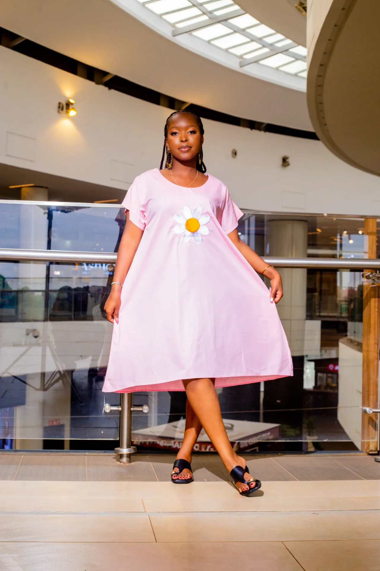 Daisy Cotton Knee Dress - Pastel Pink