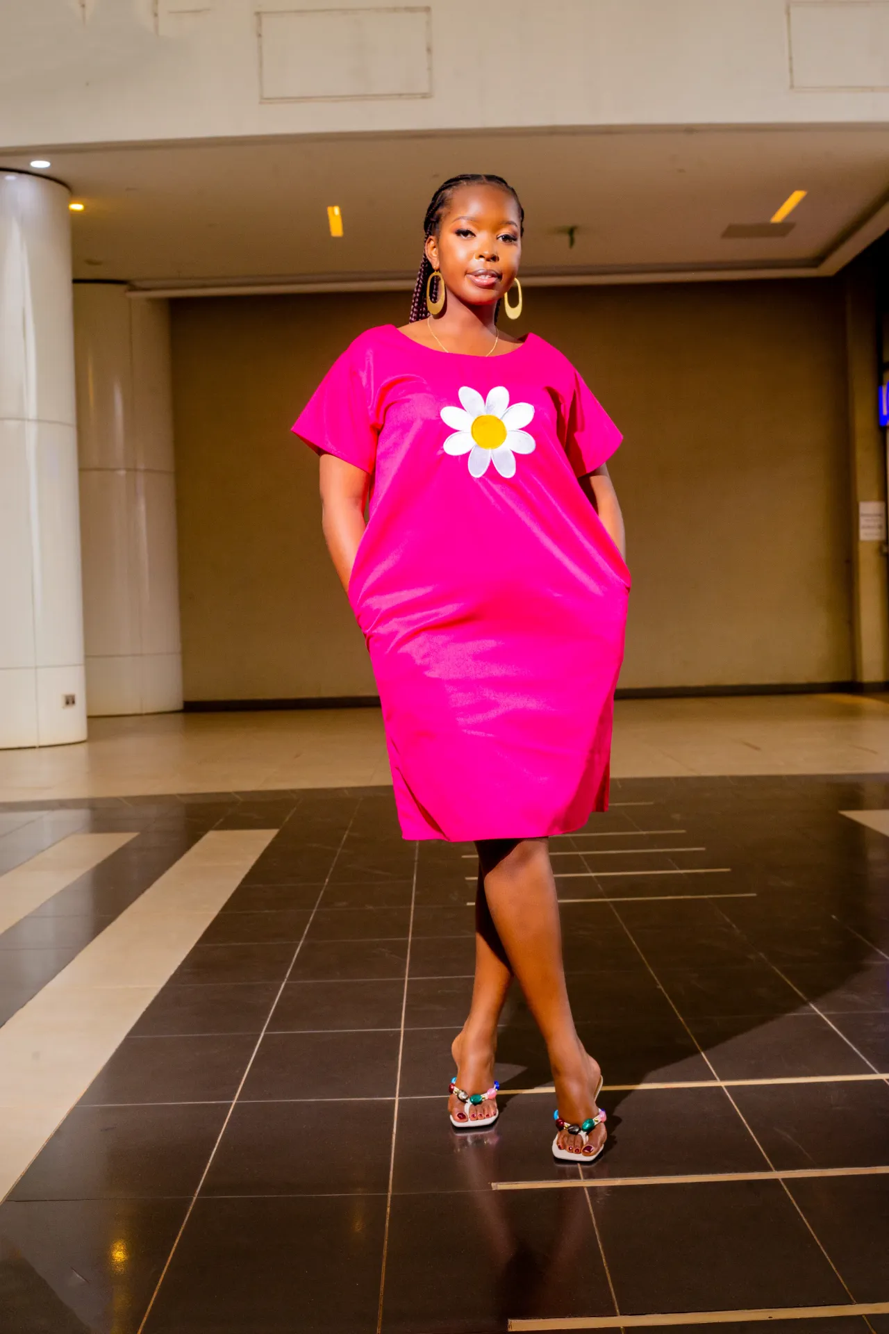 Daisy Cotton Knee Dress - Hot Pink
