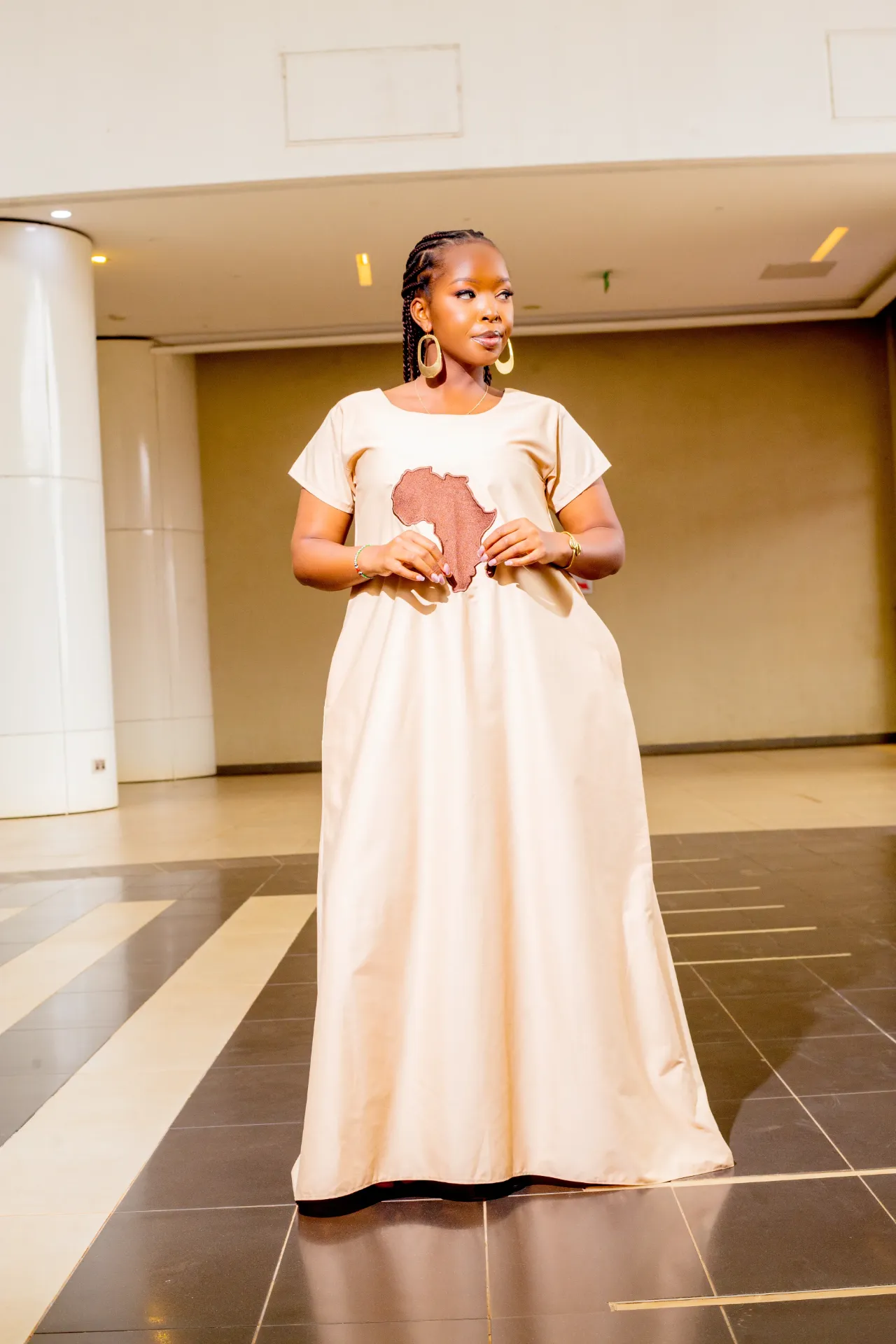African Cotton Maxi Dress - Beige