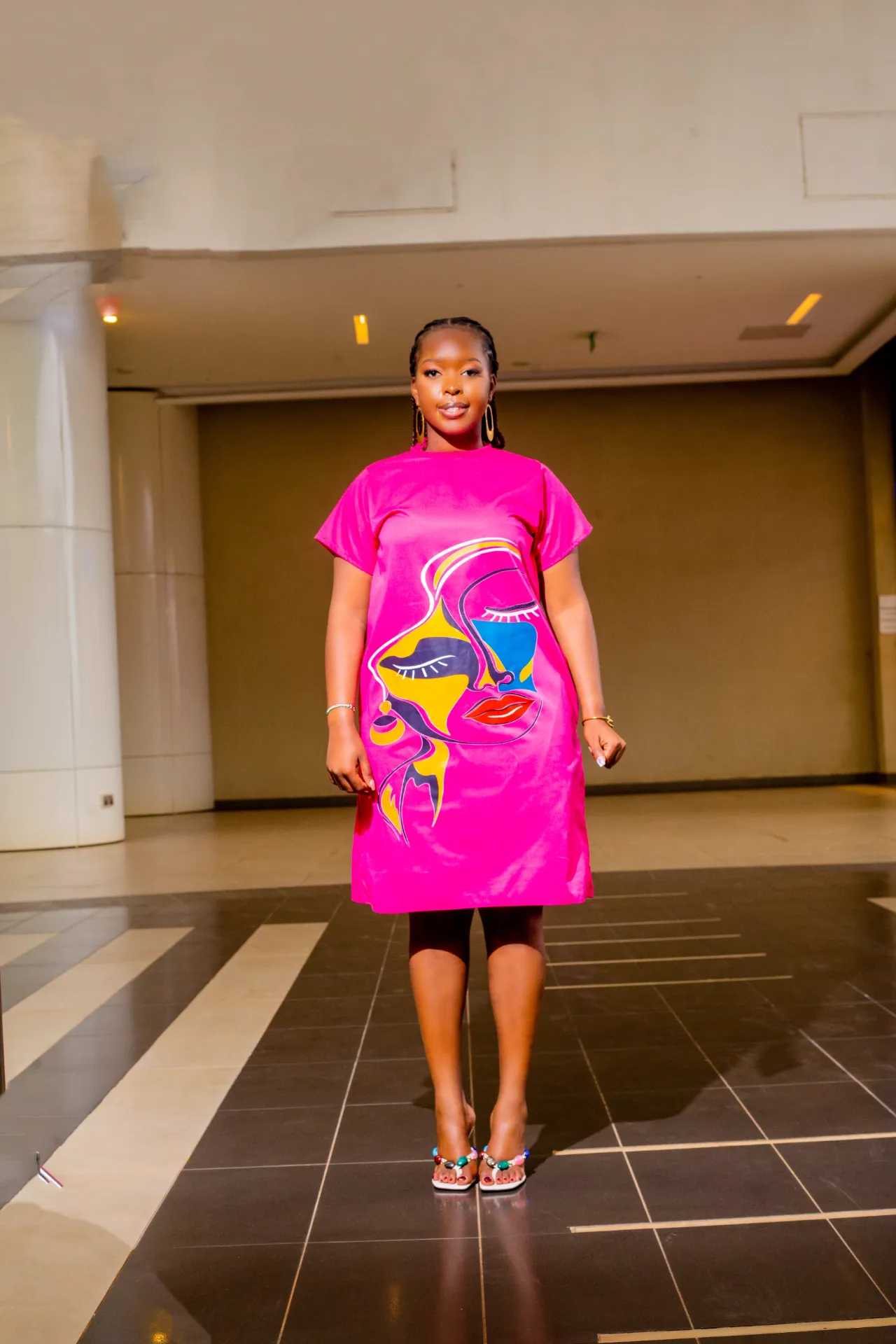 Abstract Cotton Knee Dress - Pink