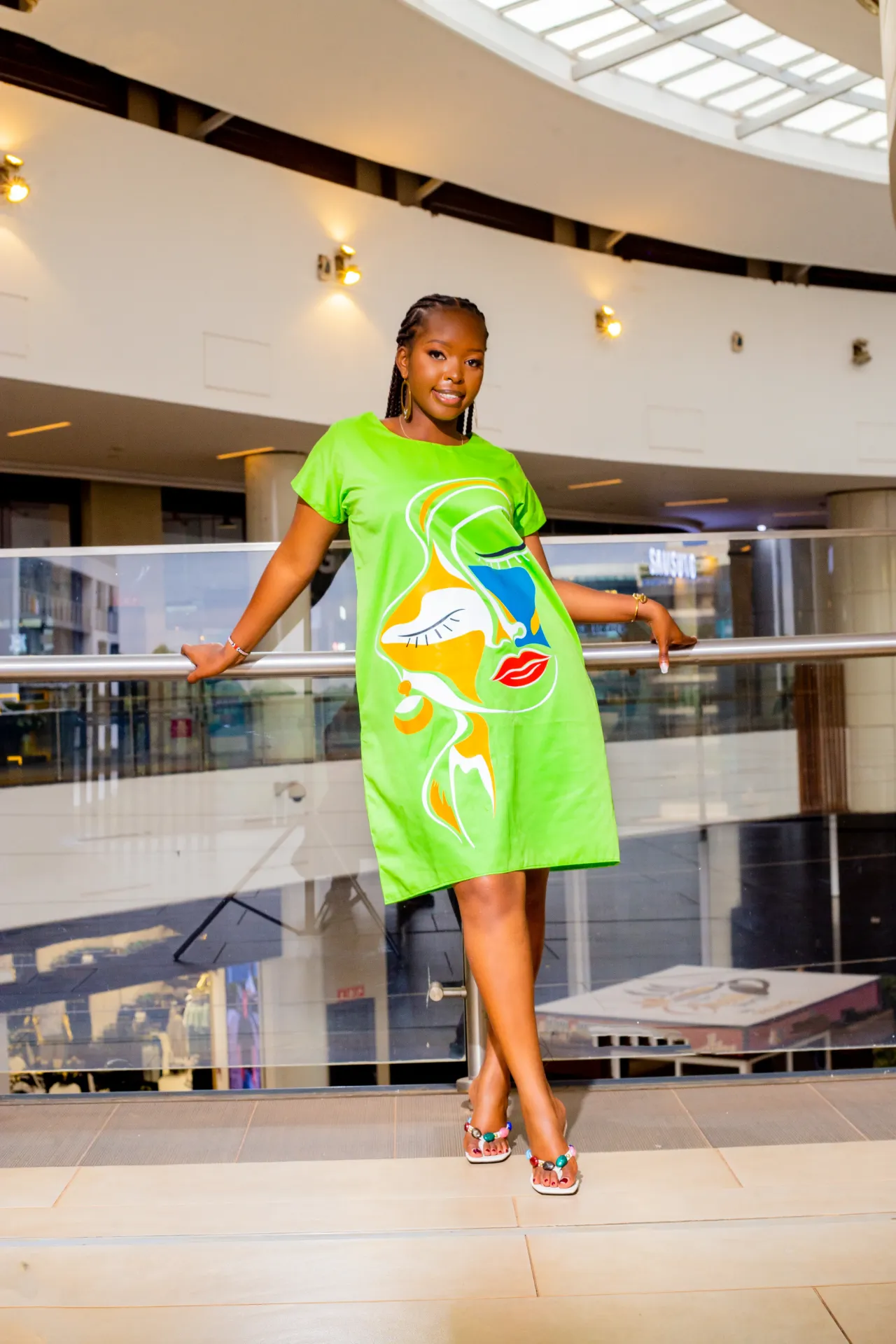 Abstract Cotton Knee Dress - Green (2XS)