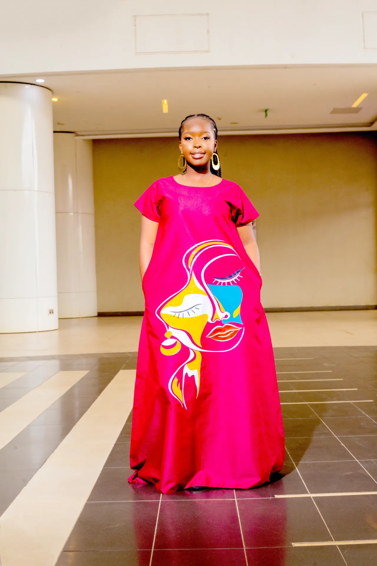 Abstract Cotton Maxi Dress - Burgundy