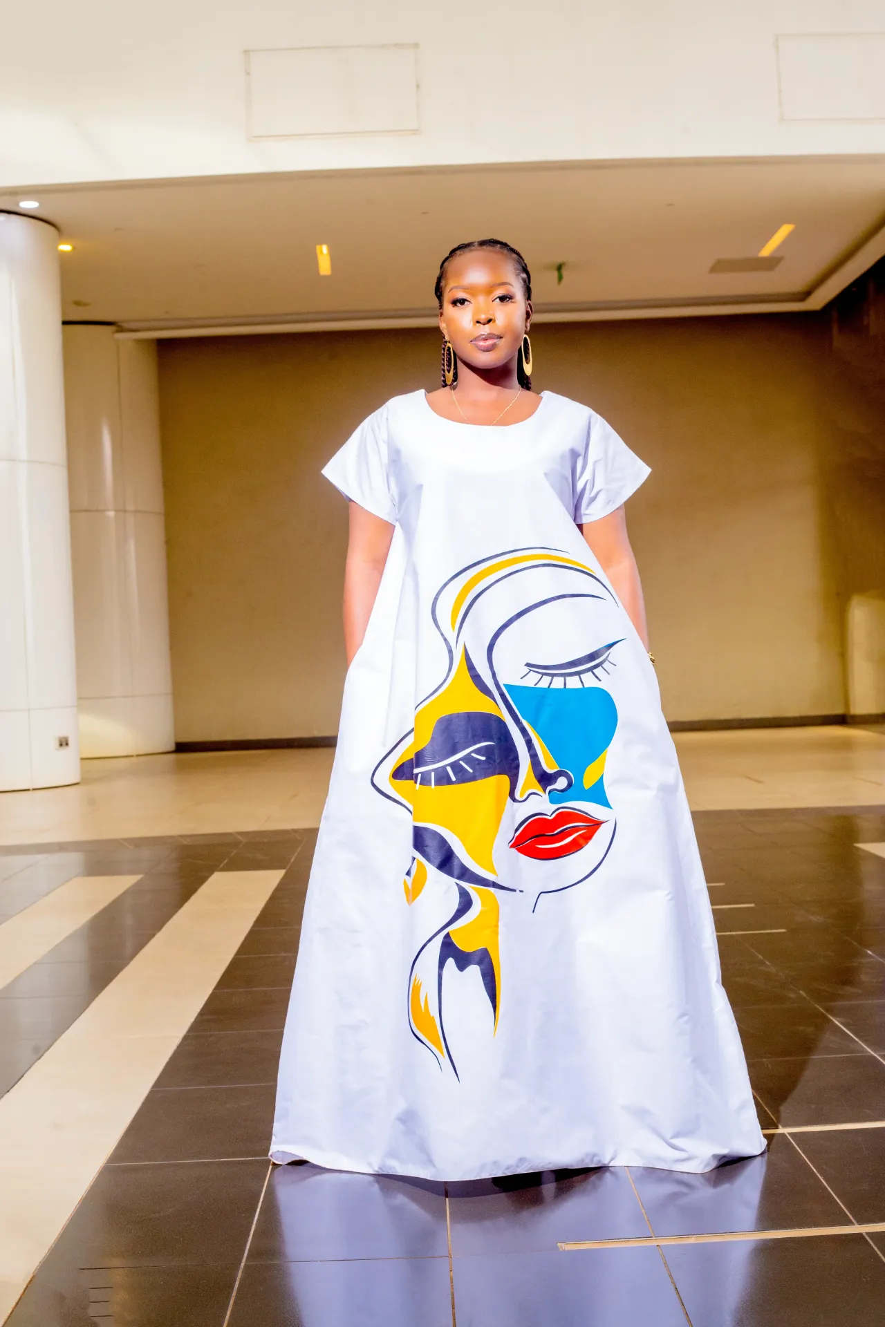 Abstract Cotton Maxi Dress-White